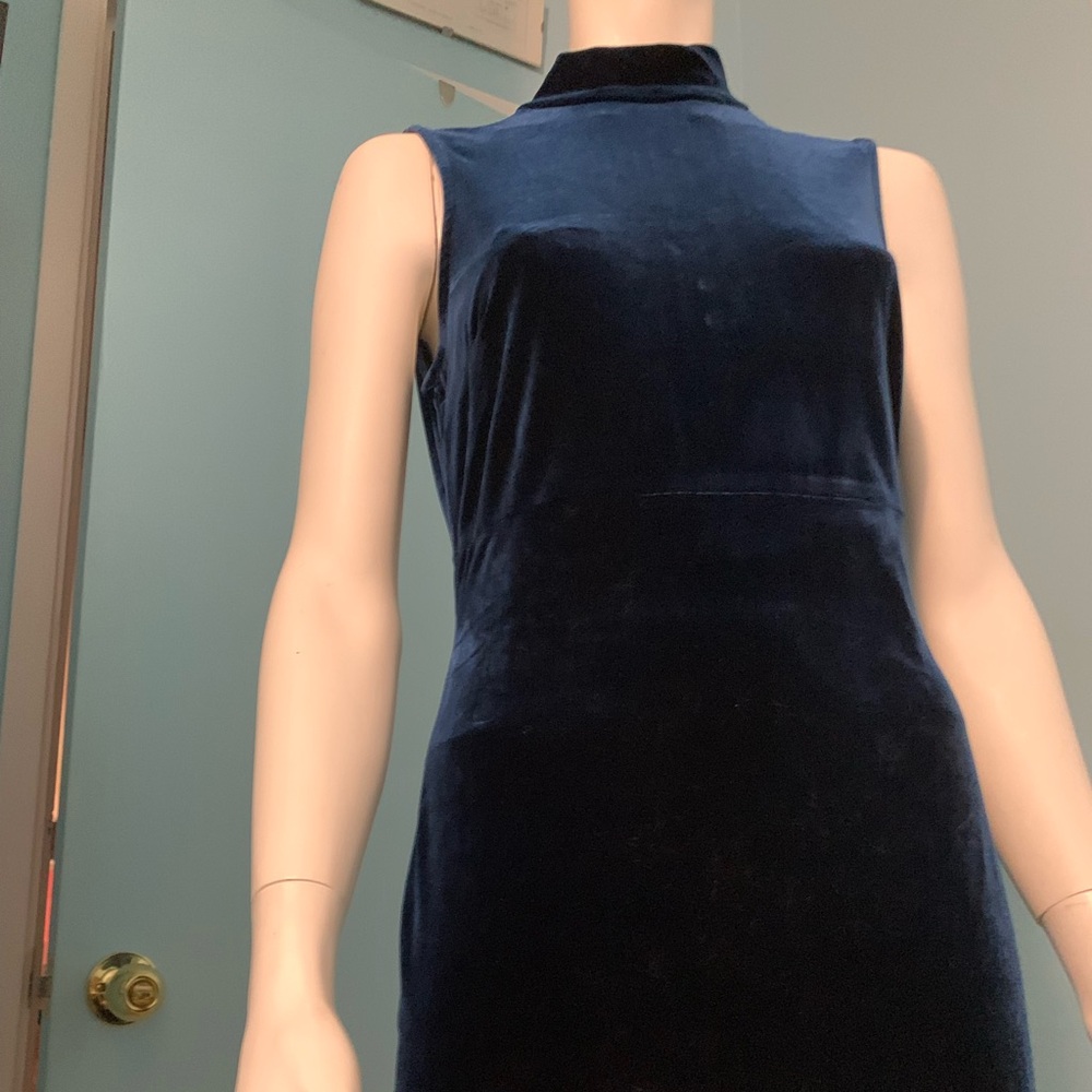Blue Velvet Sleeveless Midi Dress with Mock Neck